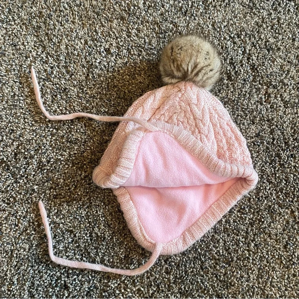 NEW! Baby Beanie Hat Infant Earflap Cap with Pom Pom Polyester Lined Pink